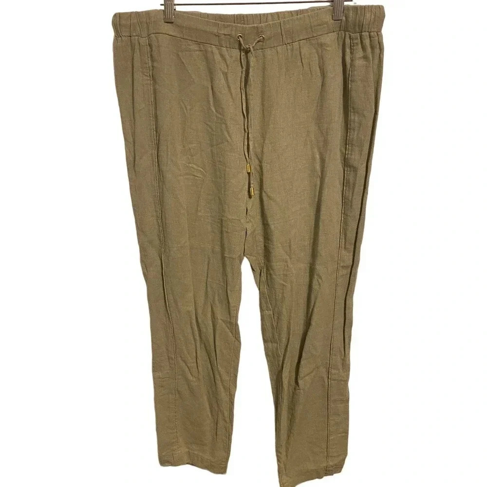 Ellen Tracy Khaki Linen Blend Summer Beach Casual Pull-on Pants Women Size L